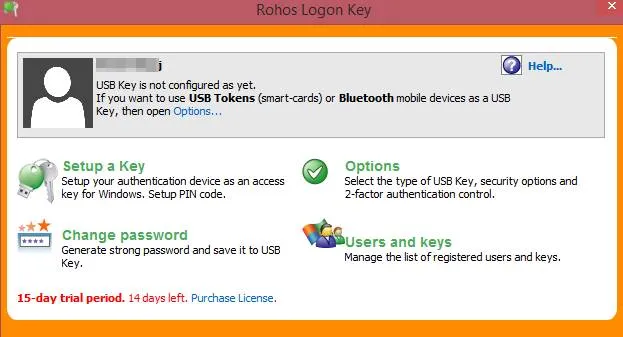 واجهة برنامج Rohos Logon Key على الكمبيوتر أثناء ضبط الإعدادات لربط الهاتف المحمول وفتح الحاسوب عن بعد بكبسة زر