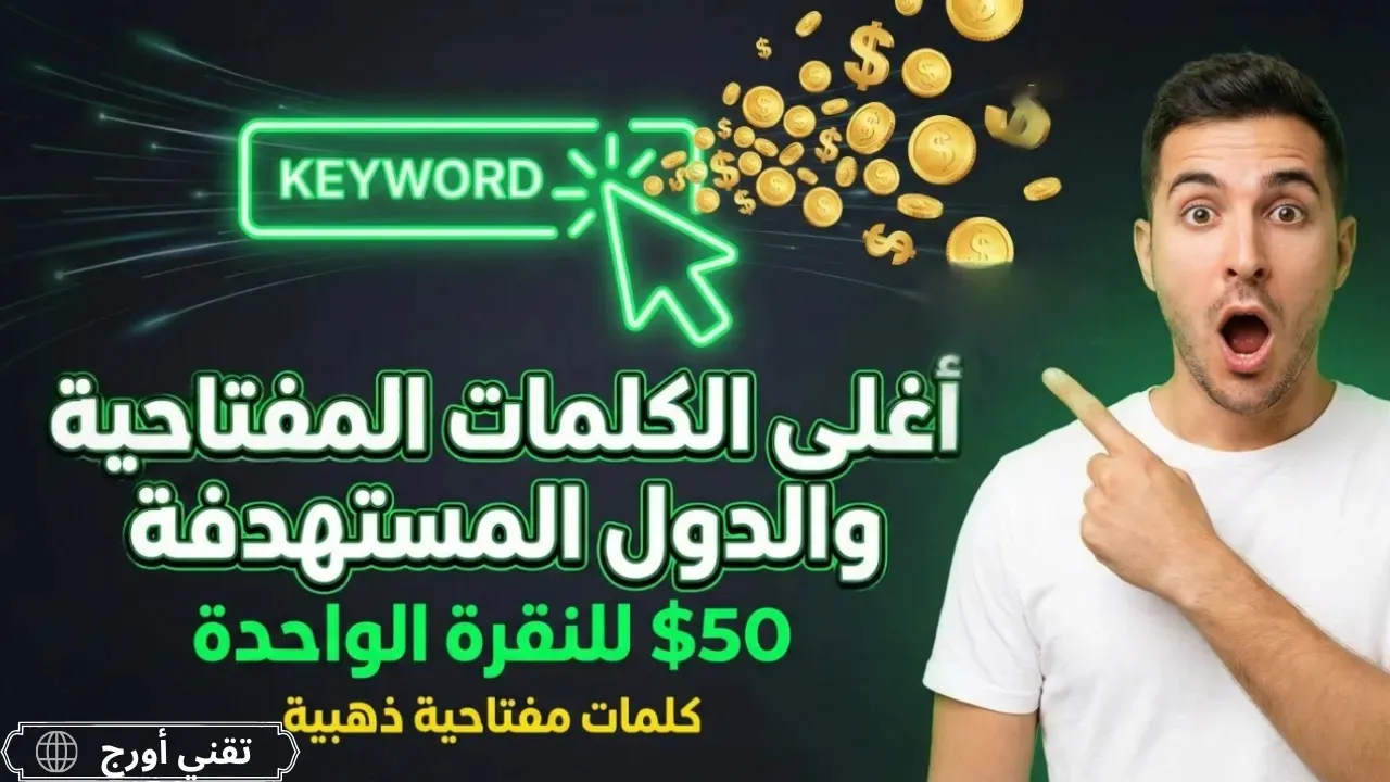 غلاف مقال عربي عن أغلى الكلمات المفتاحية والدول المستهدفة في 2026، بخلفية زرقاء ونص برتقالي وأخضر يبرز التكلفة العالية للاستهداف الإعلاني.
