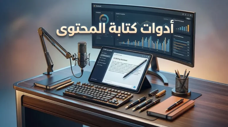 عنوان عربي عن أدوات كتابة المحتوى في 2026 ضمن دليل شامل يركز على تحسين السيو، توليد الأفكار، وتطوير جودة الكتابة الرقمية.