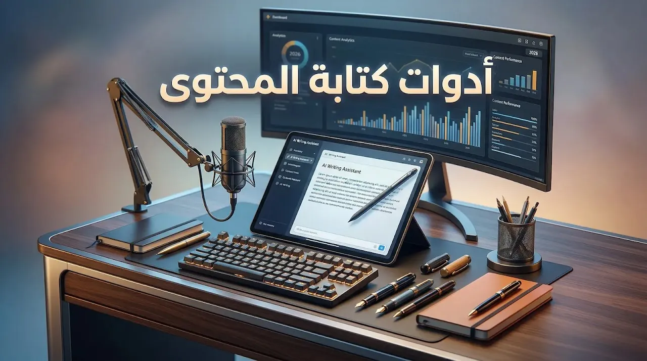 عنوان عربي عن أدوات كتابة المحتوى في 2026 ضمن دليل شامل يركز على تحسين السيو، توليد الأفكار، وتطوير جودة الكتابة الرقمية.