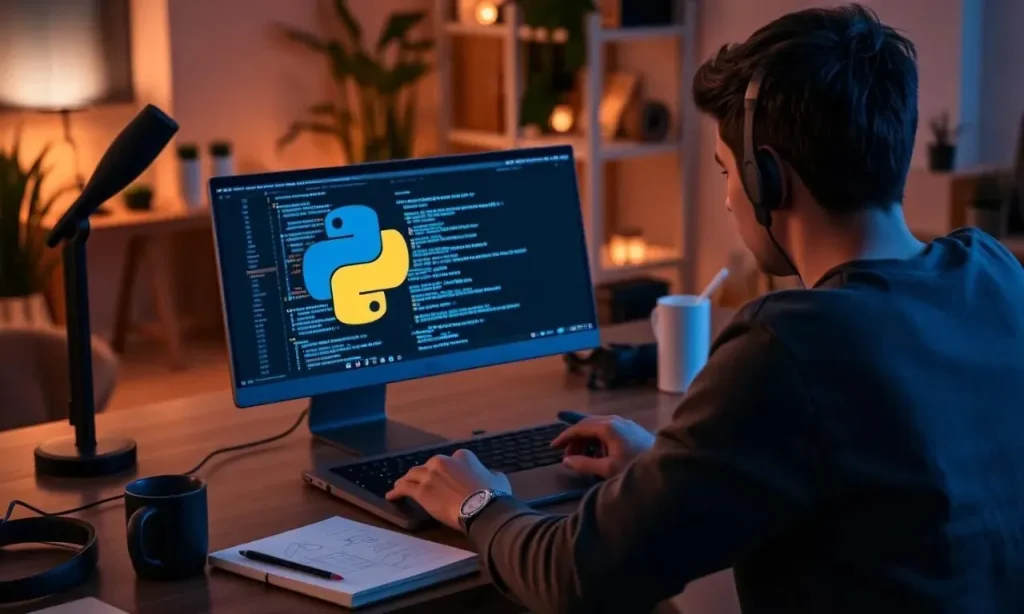 رسم بياني يوضح مسار تعلم برمجة Python يبدأ بتثبيت اللغة ومحرر الأكواد، ثم يمر بلغة أساسيات، هياكل التحكم، الدوال، وهياكل البيانات، وينتهي بمشاريع متوسطة ومتقدمة في تطوير الويب وتحليل البيانات وعلم الذكاء الاصطناعي، ويتوافق مع محتوى الدليل الشامل لتعلم Python من الصفر إلى الاحتراف.
