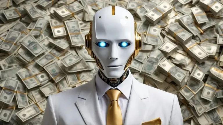روبوت مستقبلي يتعامل مع المال والعملات الرقمية، بما ينسجم مع موضوع المقال عن الربح من الذكاء الاصطناعي دون خبرة