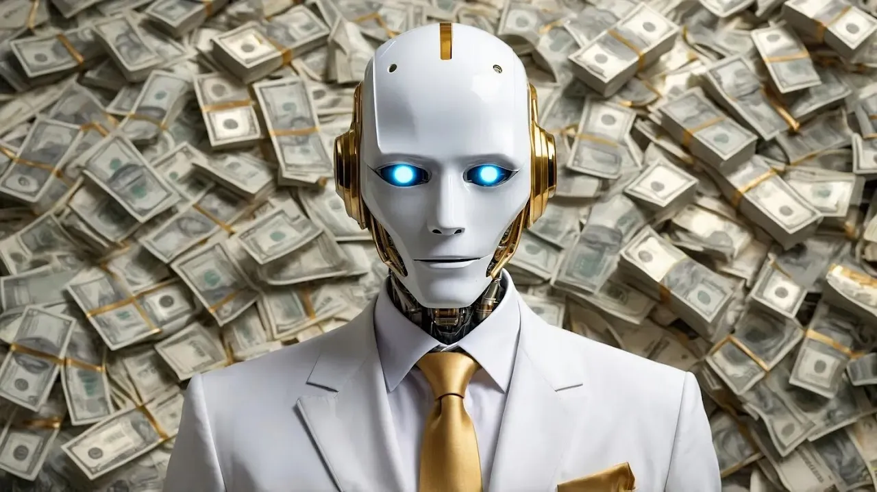 روبوت مستقبلي يتعامل مع المال والعملات الرقمية، بما ينسجم مع موضوع المقال عن الربح من الذكاء الاصطناعي دون خبرة