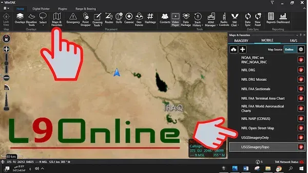 لوحة الخرائط في WinTAK مع خيارات MOBILE وUSGS