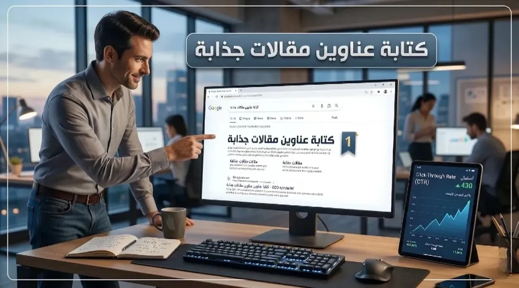 غلاف مقال عن كتابة عناوين مقالات جذابة يوضح أهمية العنوان في تحسين الظهور في محركات البحث وزيادة معدل النقرات