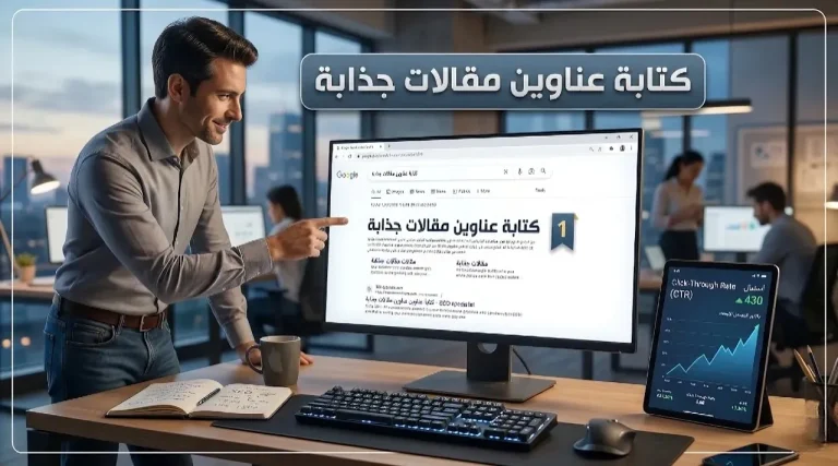غلاف مقال عن كتابة عناوين مقالات جذابة يوضح أهمية العنوان في تحسين الظهور في محركات البحث وزيادة معدل النقرات