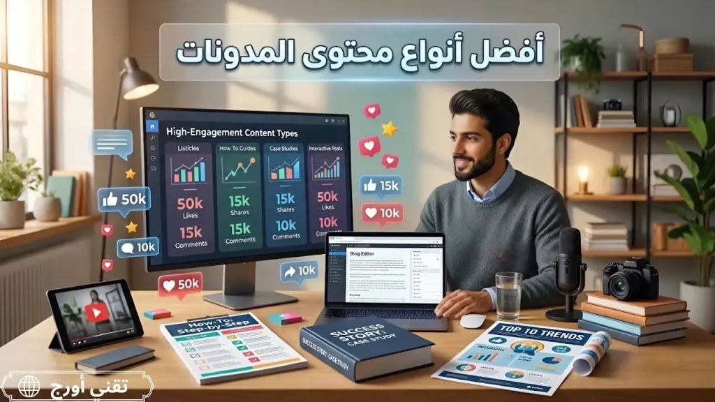 غلاف مقال عربي عن أفضل أنواع محتوى المدونات التي تحصل على تفاعل كبير، ويعرض فئات مثل الشروحات والقوائم والمراجعات والقصص الشخصية والأسئلة الشائعة.