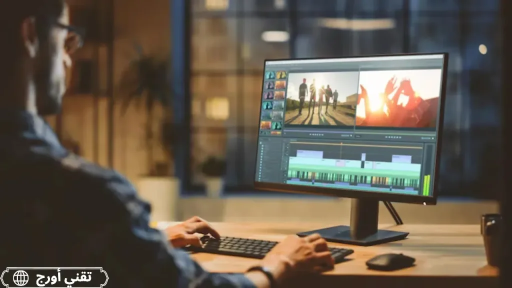 شاشة تعرض شعارات وعدة برامج مونتاج للكمبيوتر مثل DaVinci Resolve وHitFilm وOpenShot مع إبراز واجهاتها المميزة كأفضل أدوات المونتاج المجانية لعام 2026 بدون علامات مائية