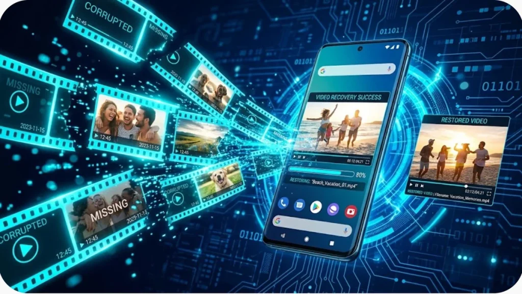 إطارات شريط سينمائي ومقاطع فيديو يتم استعادتها رقمياً داخل شاشة هاتف أندرويد حديث