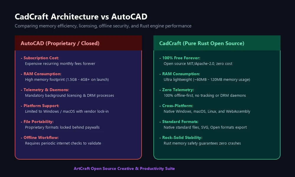 مقارنة بنية برنامج CadCraft مع برنامج AutoCAD في استهلاك الذاكرة وسرعة المحرك
