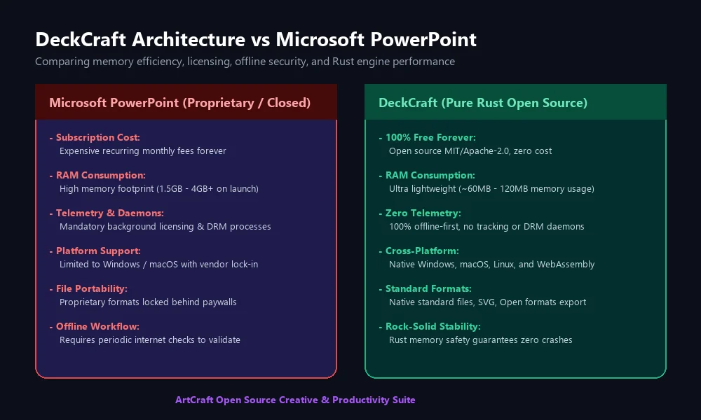 مقارنة بنية برنامج DeckCraft مع برنامج Microsoft PowerPoint في استهلاك الذاكرة وسرعة المحرك