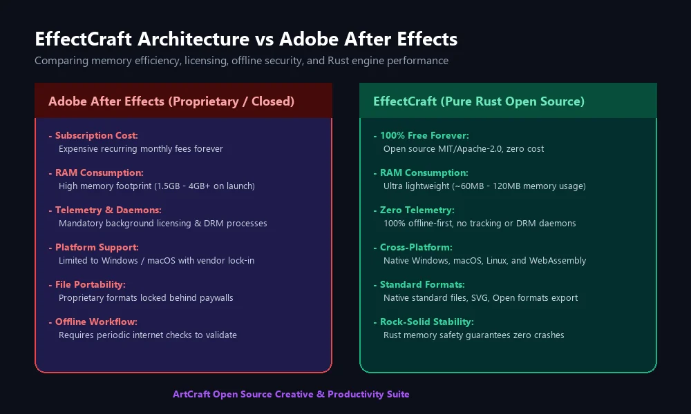 مقارنة بنية برنامج EffectCraft مع برنامج Adobe After Effects في استهلاك الذاكرة وسرعة المحرك