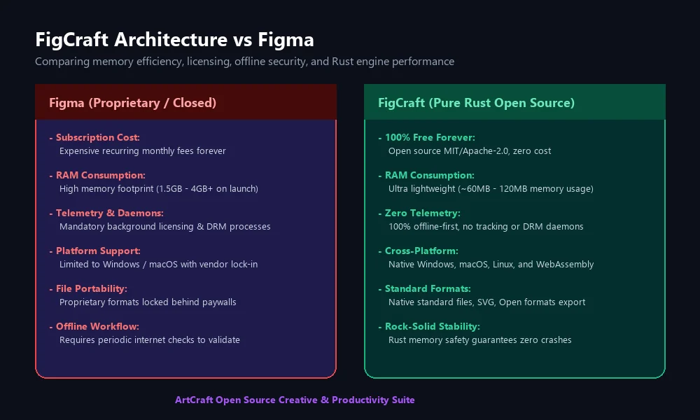 مخطط مقارنة بنية FigCraft التقنية مقارنة بنية برنامج FigCraft مع برنامج Figma في استهلاك الذاكرة وسرعة المحرك