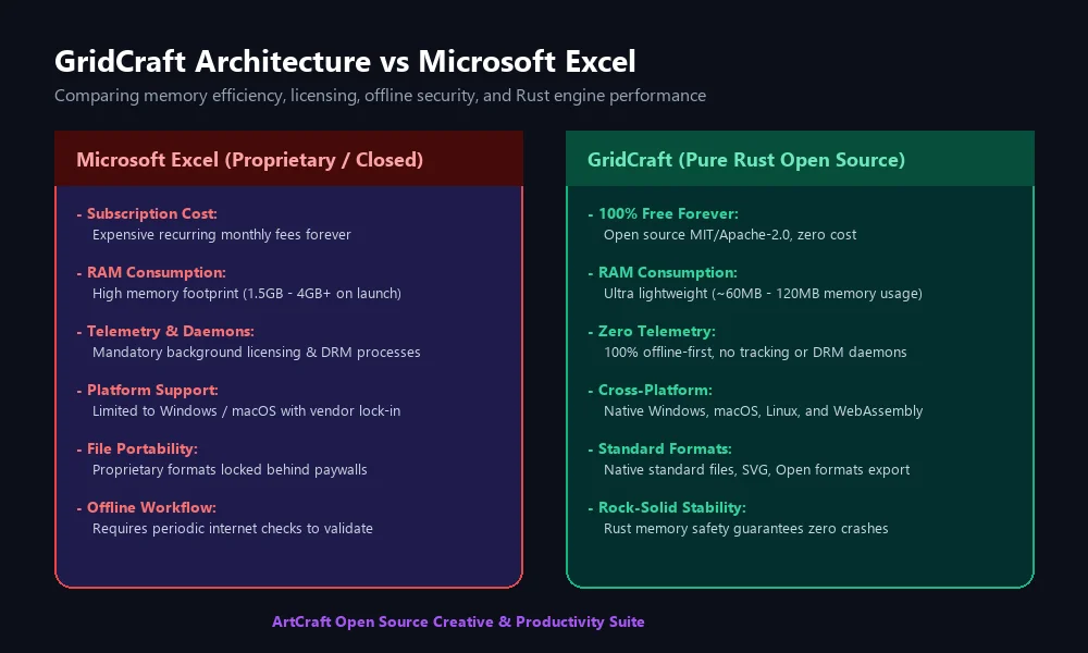 مقارنة بنية برنامج GridCraft مع برنامج Microsoft Excel في استهلاك الذاكرة وسرعة المحرك