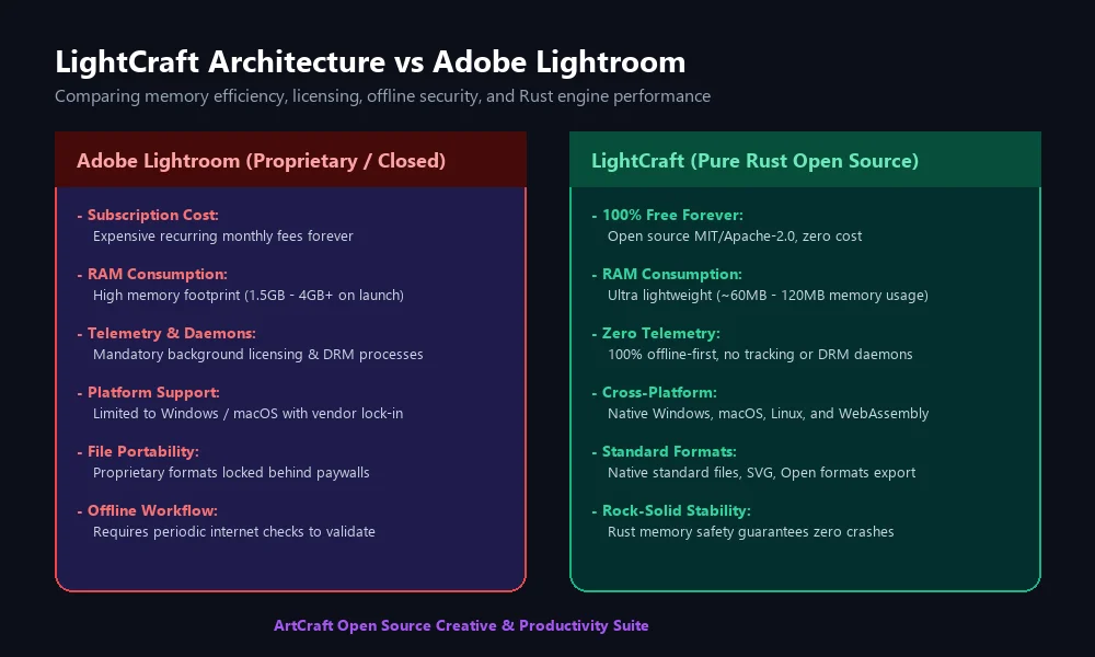 مخطط مقارنة بنية LightCraft التقنية مقارنة بنية برنامج LightCraft مع برنامج Adobe Lightroom في استهلاك الذاكرة وسرعة المحرك