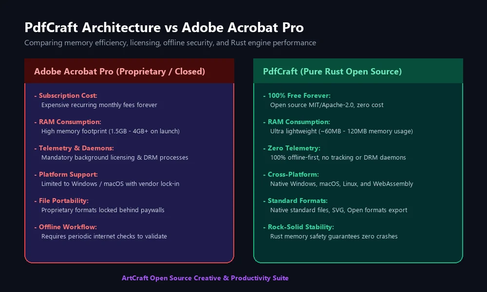 مخطط مقارنة بنية PdfCraft التقنية مقارنة بنية برنامج PdfCraft مع برنامج Adobe Acrobat Pro في استهلاك الذاكرة وسرعة المحرك