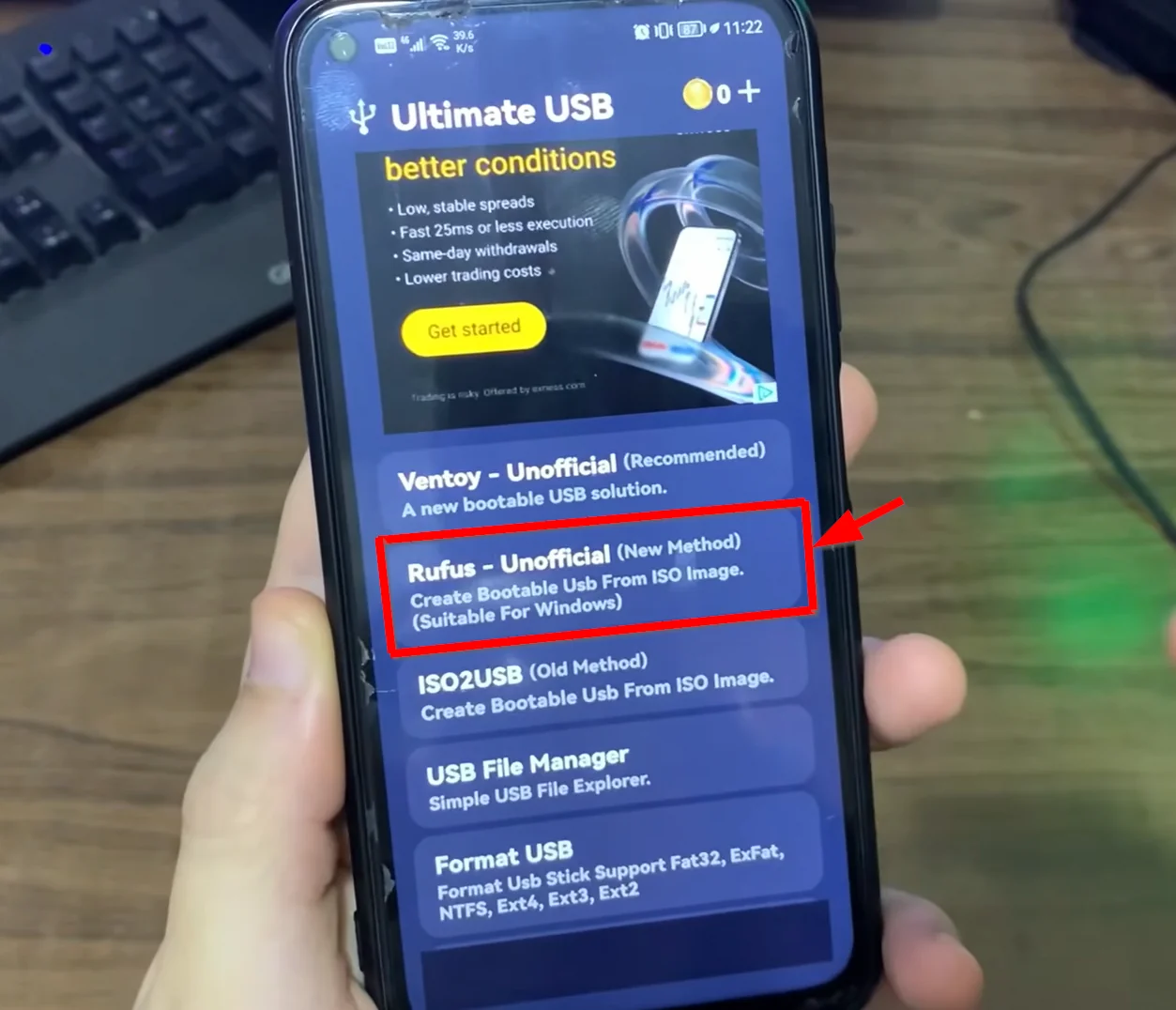 اختيار وضع Rufus Unofficial داخل تطبيق Ultimate USB اختيار خيار Rufus داخل برنامج حرق ملفات ISO للاندرويد