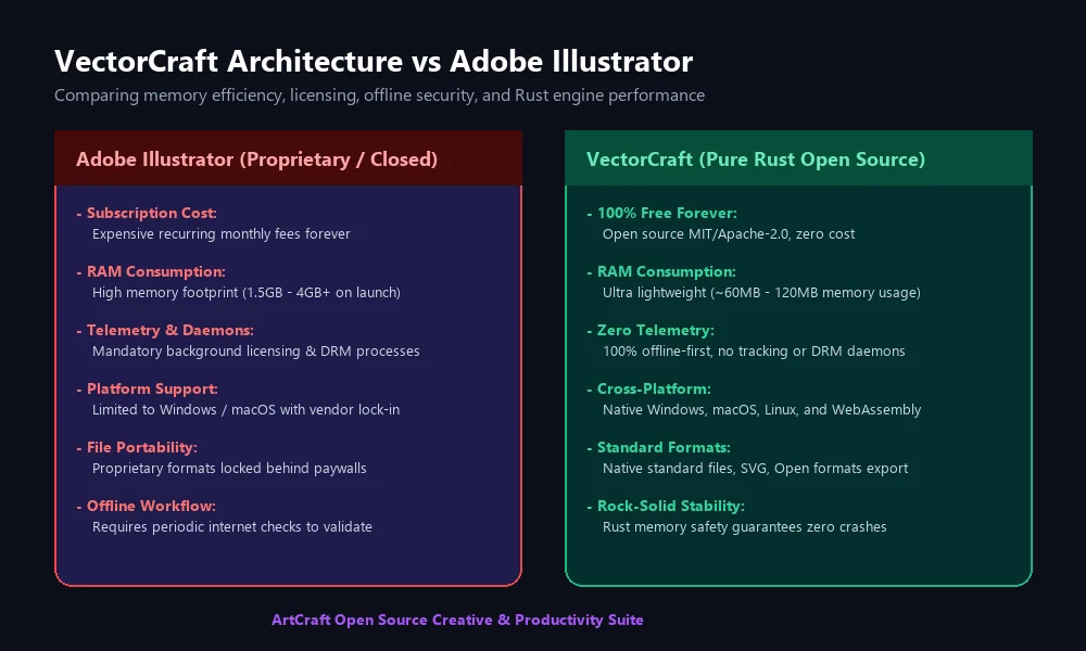 مقارنة بنية برنامج VectorCraft مع برنامج Adobe Illustrator في استهلاك الذاكرة وسرعة المحرك