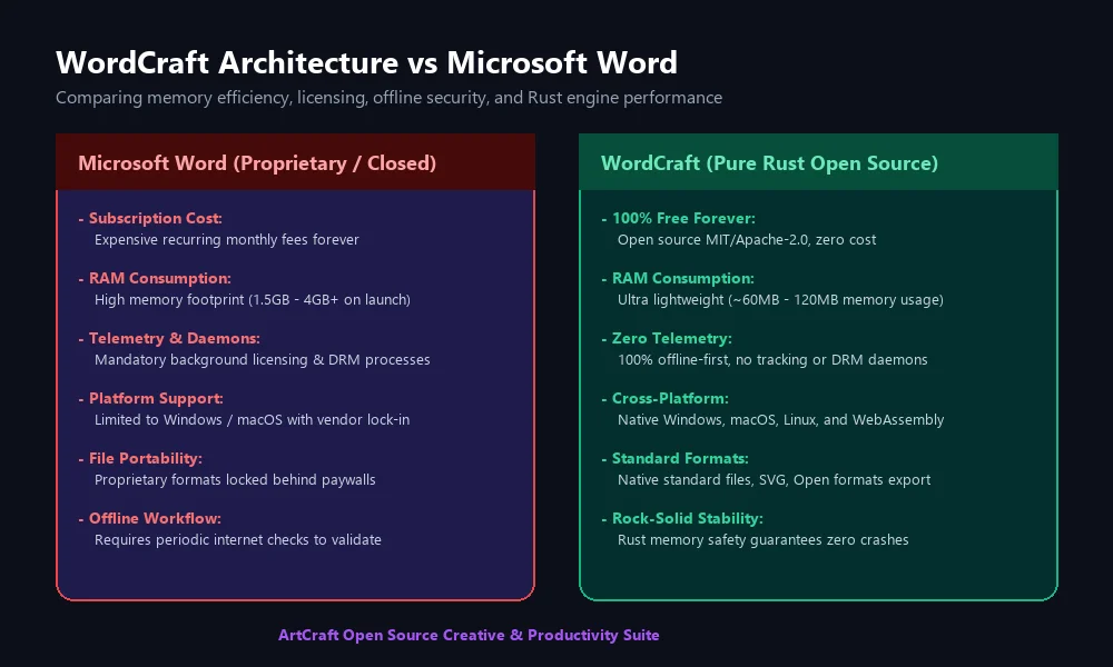 مقارنة بنية برنامج WordCraft مع برنامج Microsoft Word في استهلاك الذاكرة وسرعة المحرك